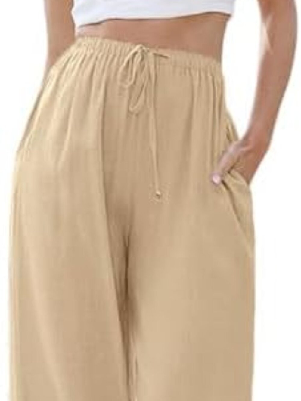 Linen Wide Leg Drawstring Pants in Beige, Size Medium